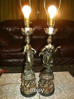 Superbe, Très Rare, Paire Vintage Art Nouveau Lampes De Table Spelter W Dancing Ladies