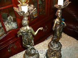 Superbe, Très Rare, Paire Vintage Art Nouveau Lampes De Table Spelter W Dancing Ladies