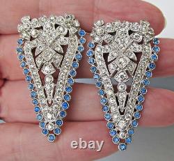 Superbe paire de clips de robe art déco vintage en bleu et cristaux de rhinestones