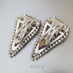 Superbe paire de clips de robe art déco vintage en bleu et cristaux de rhinestones