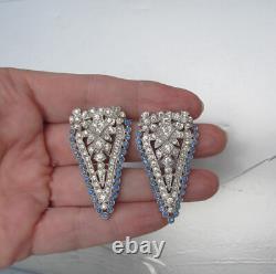 Superbe paire de clips de robe art déco vintage en bleu et cristaux de rhinestones