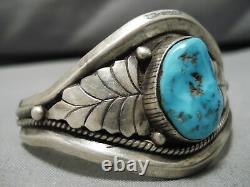 Superlatif Vintage Navajo Natural Turquoise Leaf Sterling Silver Bracelet Old