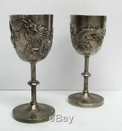 Tasses À Liqueur À Pied Avec Dragon Chinois Argenté, Vintage