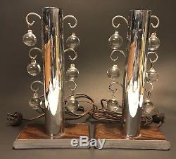 Unusual Paire Vintage Des Années 1920-1930 Style Haut Art Deco Lampes De Table Chrome Et Cristal