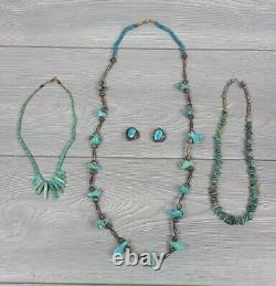 VTG Argent & Turquoise 3 Colliers & 1 Paire de Boucles d'Oreilles Clip Navajo Natif AZ