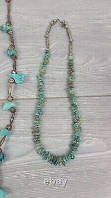 VTG Argent & Turquoise 3 Colliers & 1 Paire de Boucles d'Oreilles Clip Navajo Natif AZ