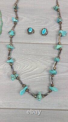 VTG Argent & Turquoise 3 Colliers & 1 Paire de Boucles d'Oreilles Clip Navajo Natif AZ