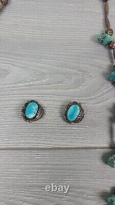 VTG Argent & Turquoise 3 Colliers & 1 Paire de Boucles d'Oreilles Clip Navajo Natif AZ