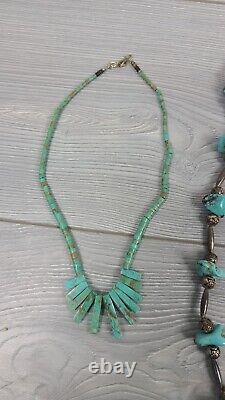 VTG Argent & Turquoise 3 Colliers & 1 Paire de Boucles d'Oreilles Clip Navajo Natif AZ