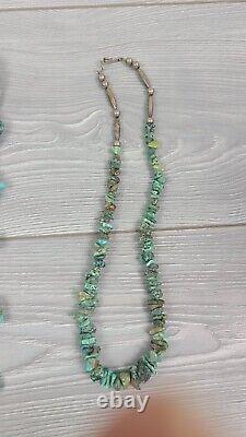 VTG Argent & Turquoise 3 Colliers & 1 Paire de Boucles d'Oreilles Clip Navajo Natif AZ