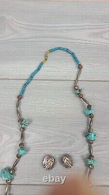 VTG Argent & Turquoise 3 Colliers & 1 Paire de Boucles d'Oreilles Clip Navajo Natif AZ