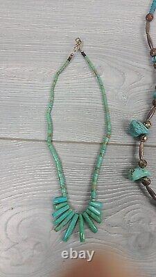 VTG Argent & Turquoise 3 Colliers & 1 Paire de Boucles d'Oreilles Clip Navajo Natif AZ