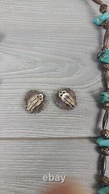 VTG Argent & Turquoise 3 Colliers & 1 Paire de Boucles d'Oreilles Clip Navajo Natif AZ
