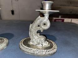 VTG Paire de Bougies en Argent Style Poisson Koi