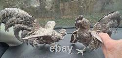 VTG Paire de Figurines de Coq de Combat en Métal Argenté Réalistes Décor de Table