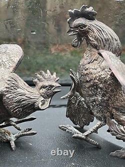 VTG Paire de Figurines de Coq de Combat en Métal Argenté Réalistes Décor de Table