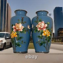 Vase Cloisonné Japonais Vintage Antique 7,5 Bleu avec Roses PAIRE Finition en Argent