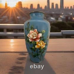 Vase Cloisonné Japonais Vintage Antique 7,5 Bleu avec Roses PAIRE Finition en Argent