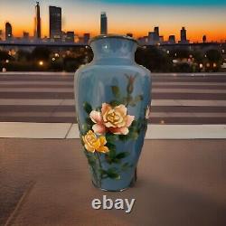 Vase Cloisonné Japonais Vintage Antique 7,5 Bleu avec Roses PAIRE Finition en Argent