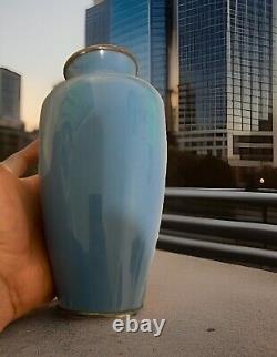 Vase Cloisonné Japonais Vintage Antique 7,5 Bleu avec Roses PAIRE Finition en Argent