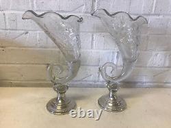Vases en verre en forme de corne d'abondance en argent massif poids de Sheffield, vintage et antiques.