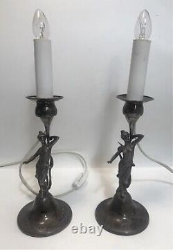 Vieille Paire (2) Lampes De Table En Argent Sterling Art Nouveau Nude. Italie