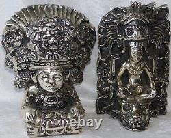 Vieille Paire D'argenta Maya Silver Gods Argent Aztec Olmec Skulls Sculpture
