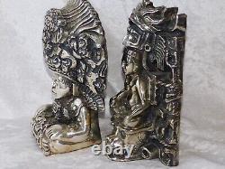 Vieille Paire D'argenta Maya Silver Gods Argent Aztec Olmec Skulls Sculpture