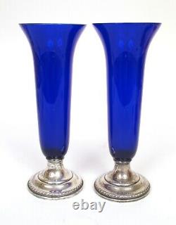 Vieille Paire De 2 Cobalt Bleu 10.25 Vases Argent Sterling Pondéré 427 Américain