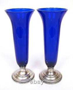Vieille Paire De 2 Cobalt Bleu 10.25 Vases Argent Sterling Pondéré 427 Américain