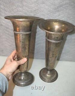 Vieille Paire De Vases De Fleur D'autel D'église En Argent Sterling 13 7/8 Ht. (cu#906)