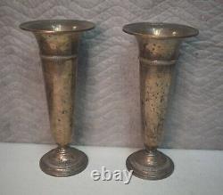 Vieille Paire De Vases De Fleur D'autel D'église En Argent Sterling 13 7/8 Ht. (cu#906)
