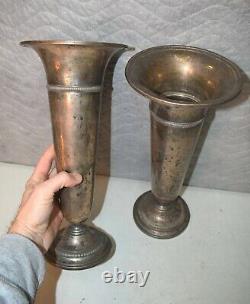 Vieille Paire De Vases De Fleur D'autel D'église En Argent Sterling 13 7/8 Ht. (cu#906)