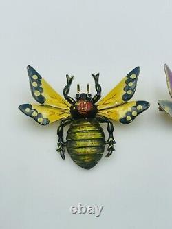 Vieille Paire Sterling Argent Émail Figural Bugs D'abeilles Épingles