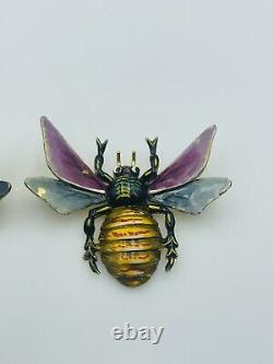 Vieille Paire Sterling Argent Émail Figural Bugs D'abeilles Épingles