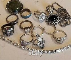 Vintage Argent 925 8 Anneaux 1 Paire Boucles D'oreilles Bracelet Onyx Collier Lot