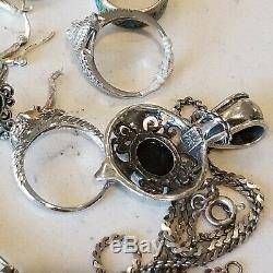 Vintage Argent 925 8 Anneaux 1 Paire Boucles D'oreilles Bracelet Onyx Collier Lot