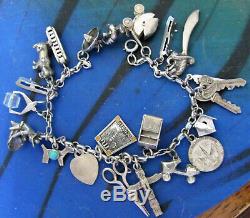 Vintage Charm Bracelet En Argent Sterling Paire 24 Charmes