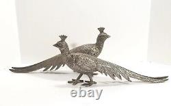 Vintage Italien Pheasant Tableau Figurines D'ornement Paire De Plaques D'argent Fabriqué En Italie