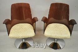 Vintage Laverne Style Cranberry Lucite Tulip Swivel Base Arm Chairs A Pair