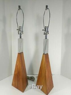 Vintage Milieu Du Siècle Style Moderne Bois Et Argent Teintée Lampes 1 Pair Pour Table