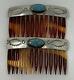 Vintage Navajo Southwestern Sterling Silver Turquoise Paire De Peignes À Cheveux Estampés