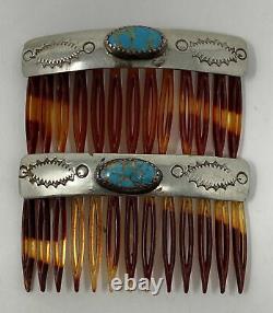 Vintage Navajo Southwestern Sterling Silver Turquoise Paire De Peignes À Cheveux Estampés