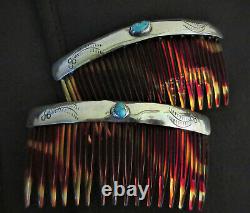 Vintage Navajo Southwestern Sterling Silver Turquoise Paire De Peignes À Cheveux Estampillés