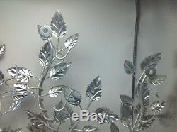 Vintage Paire Mur En Métal Sconce Italienne Hollywood Regency 2 Bougie Silver Leaf