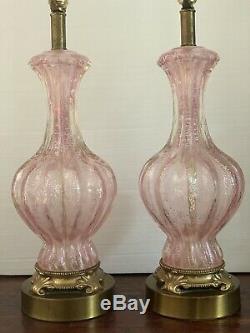 Vintage Paire Murano Barovier & Toso Rose Argent Fleck Table De Chevet En Verre Lampes