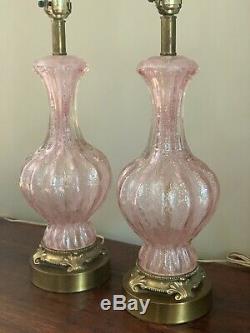 Vintage Paire Murano Barovier & Toso Rose Argent Fleck Table De Chevet En Verre Lampes
