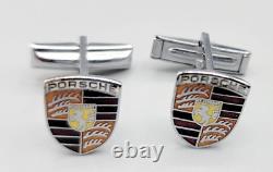 Vintage Porsche Stuttgart Cufflinks Paire Argent Ton Métal Émanel, Non Marqué