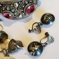 Vintage Siam Niello Sterling Silver 925 4 Paires Boucles D’oreilles 1 Bracelet 1 Collier