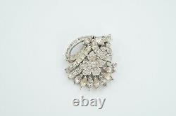 Vintage Strass Silver Tone Paire De Clips Ou Broches En Fourrure De Fleurs